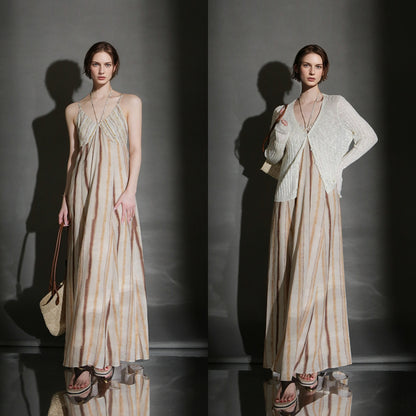 PIAOIN resort-style vertical stripe design sundress women's halterneck design cinched waist dress -GISELLE