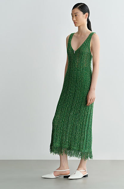 COMME MOI Lv Yan Designer Spring Women's V-Neck Sandwich Color Cutout Knit Dress - NATALIE.