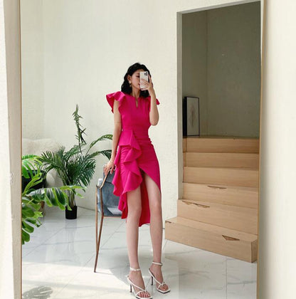 DOLLY Luxury V-Neck Short Sleeve High waist Slim Fit Irregular Hem Date Dress-LISA