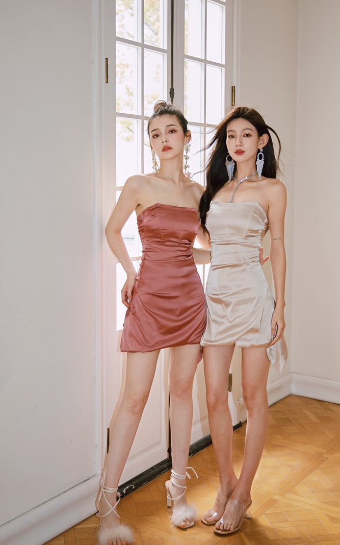 DOLLY Elegant French Style Sleeveless Tube Top Slim Fit Satin Short Dress-KARALINA