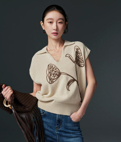 Sushe Flower Linen Cotton Embroidery Polo Collar Pullover Knit Stretch Loose-BRENDA