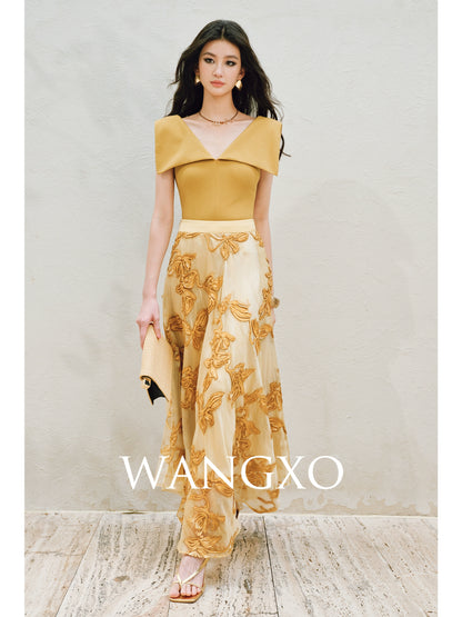 WANGXO | Fine Glitter-Sprinkled Silver High-Elastic Hemp Knit  Layered V-Neck Slim Elegant Top -SANA