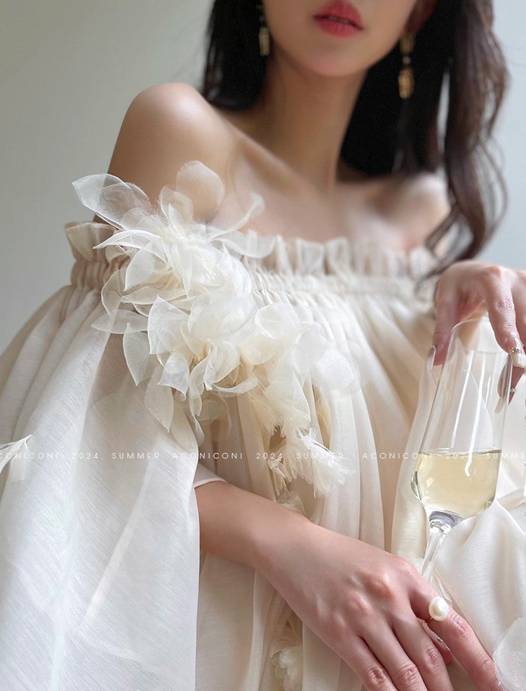 Aconiconi Luxury Off-Shoulder Flower Short Sleeve bridal baby doll Dress - Magnolia Lotus Fragrance