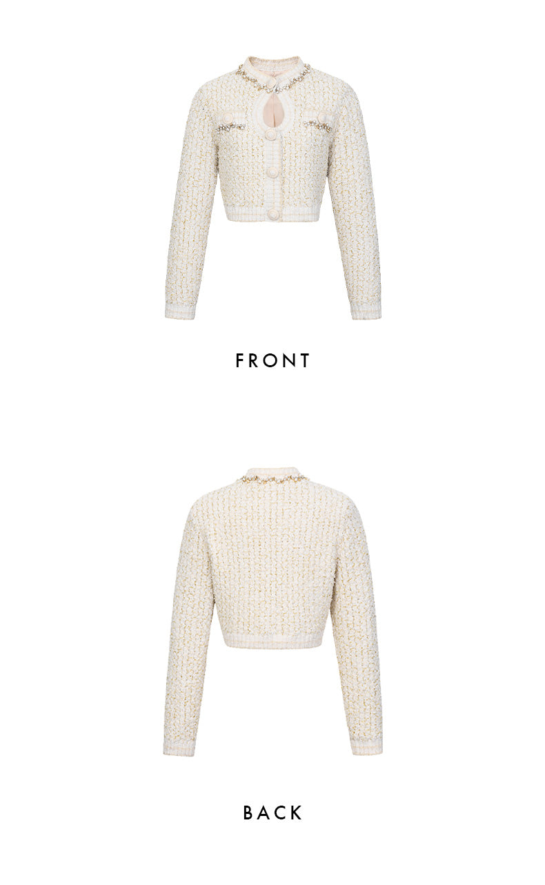 FAME Light Luxury Hand-beaded Tweed Small Knitted Cardigan Jacket - hiIji