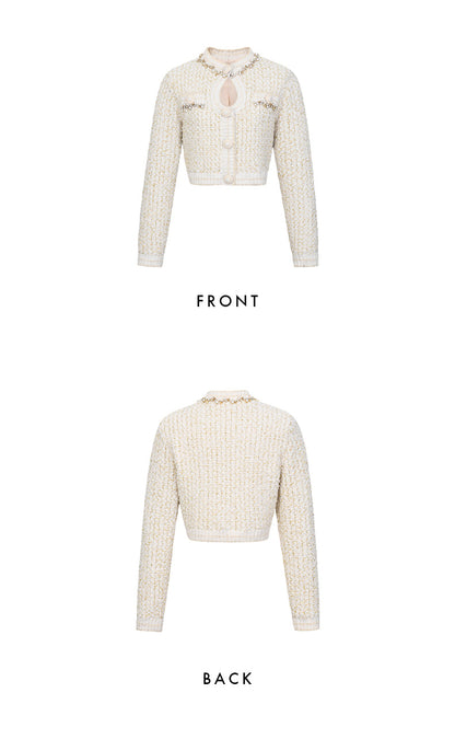 FAME Light Luxury Hand-beaded Tweed Small Knitted Cardigan Jacket - hiIji