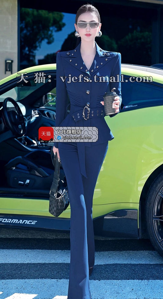 VJE Skirt OL Jacket Micro Flared Pants Two-Piece Set - HIHI.