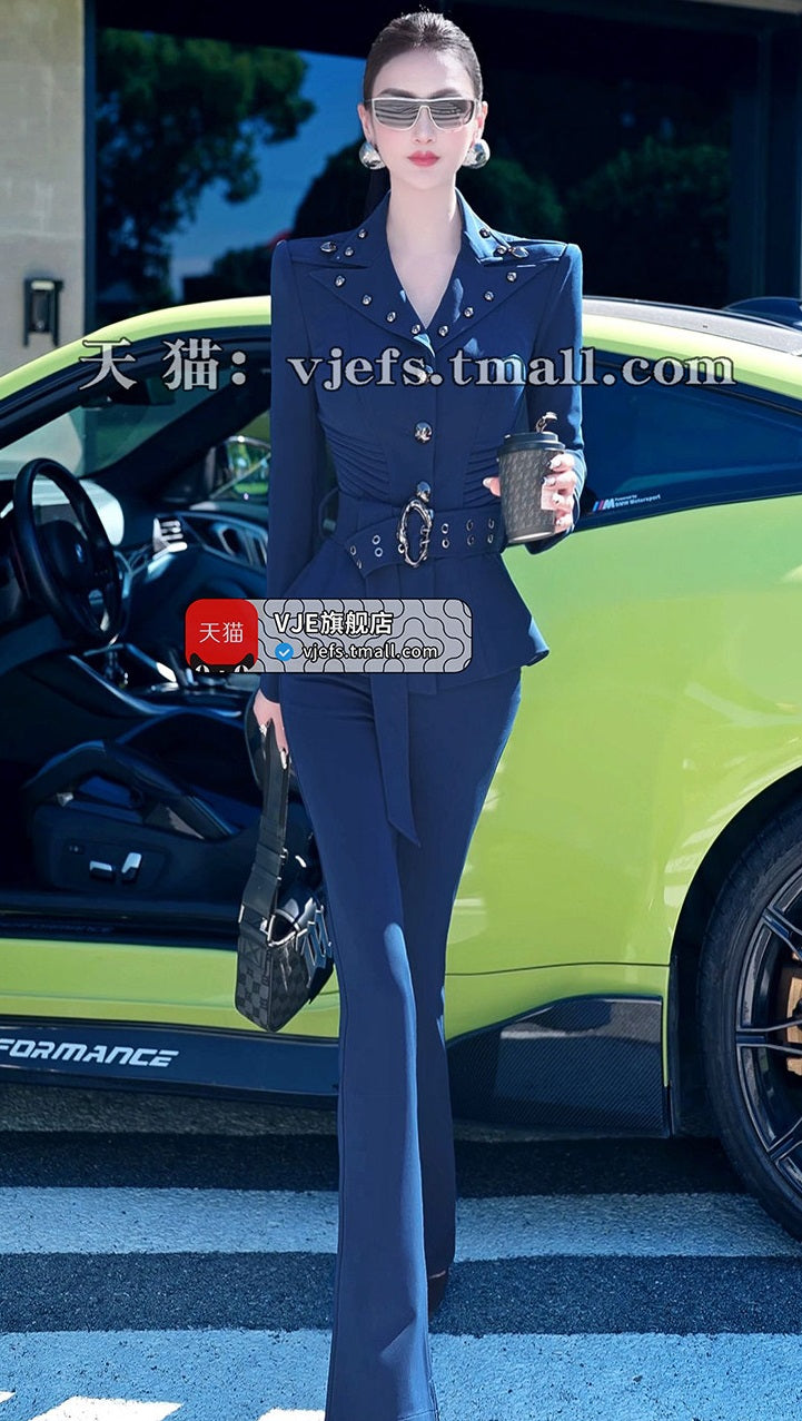 VJE  OL Jacket Micro Flared Pants Two-Piece Set - HIHI.