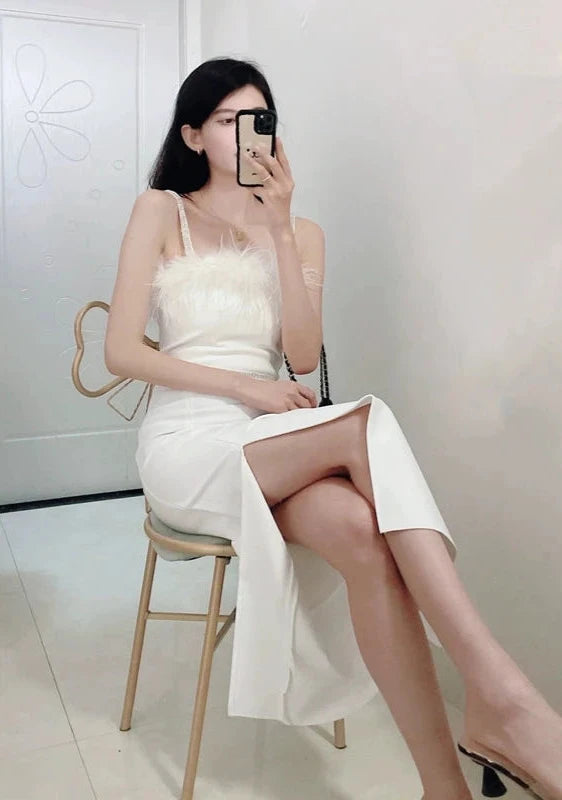 DOLLY Elegant Sleeveless Feather Tube Top Hip Wrap Dinner Dress-KALE