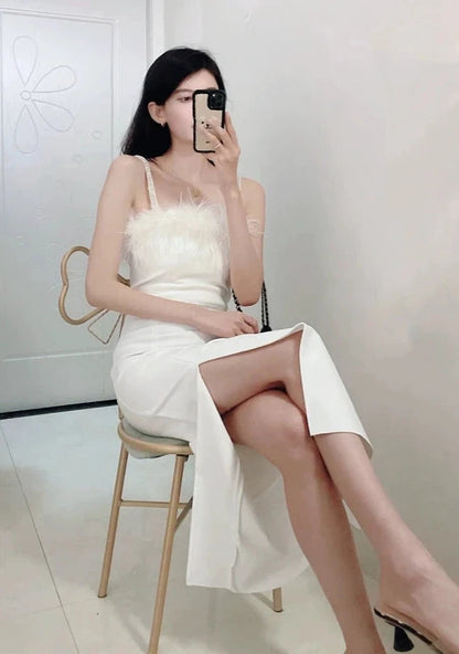 DOLLY Elegant Sleeveless Feather Tube Top Hip Wrap Dinner Dress-KALE