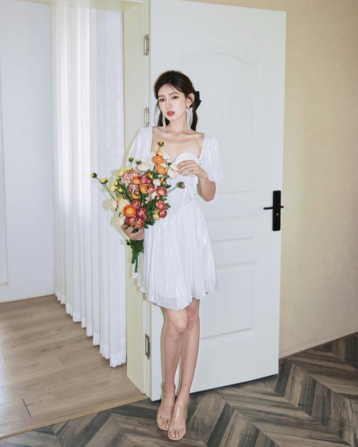 DOLLY Elegant Square Collar Short Sleeve Corset Top Backless Midi A-Line Dress-GISELA