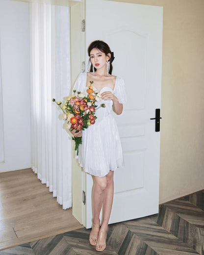 DOLLY Elegant Square Collar Short Sleeve Corset Top Backless Midi A-Line Dress-GISELA