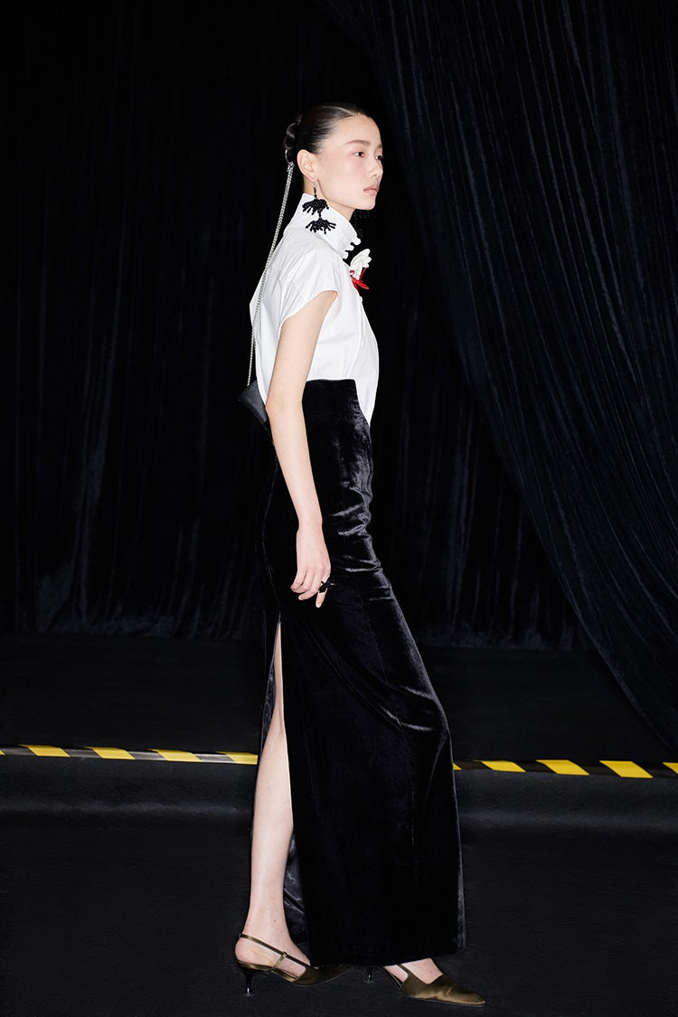 M essential Mackay designer bloom white dense cotton sleeveless stand-up collar shirt - NEON.