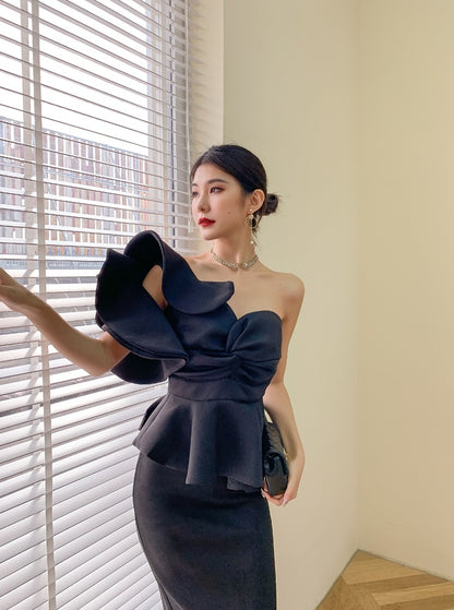 DOLLY Elegant French Style Off Shoulder Ruffle Short Top+ High Waist Skirt-LOIS