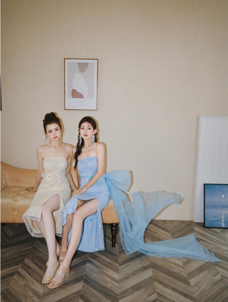 DOLLY Elegant Blue Flower Ribbon Tube Sequin Fish Tail Dinner Dress-LONE