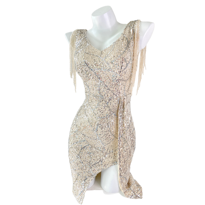 DOLLY Luxury V-Neck Sleeveless Sequin Tassel Bead Hip Hug Cocktail Dress-Poppi