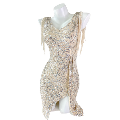 DOLLY Luxury V-Neck Sleeveless Sequin Tassel Bead Hip Hug Cocktail Dress-Poppi