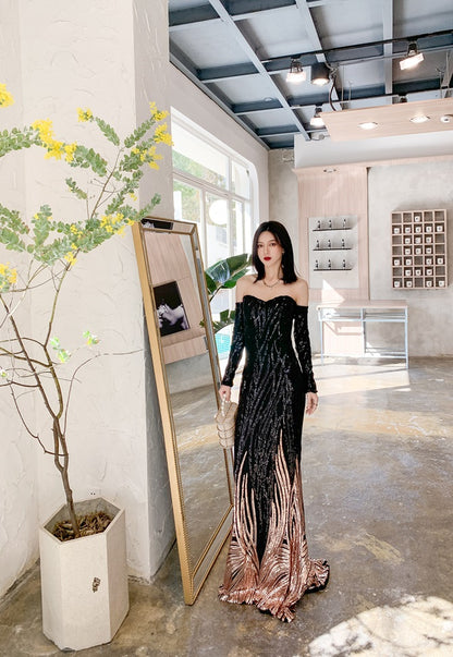 DOLLY High End Black Gold Chest Wrap Long Sleeve Off Shoulder Long Banquet Dress-KANTE