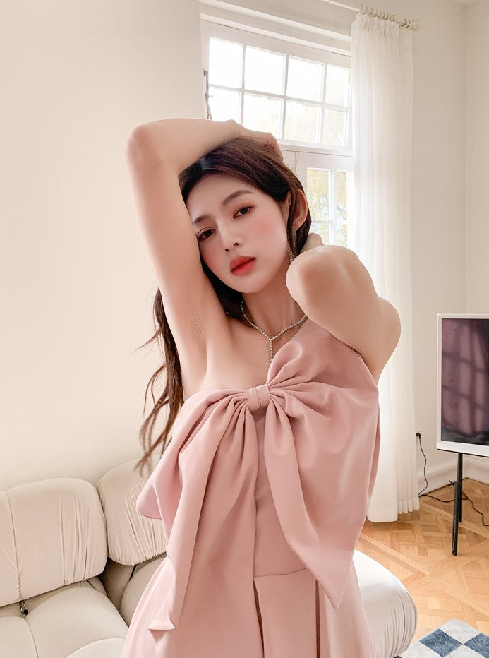 DOLLY High End Retro Style One Shoulder Big Bow Long Dinner Dress-KIKI