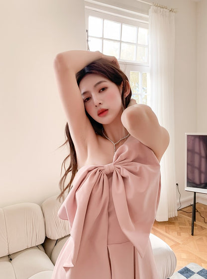 DOLLY High End Retro Style One Shoulder Big Bow Long Dinner Dress-KIKI