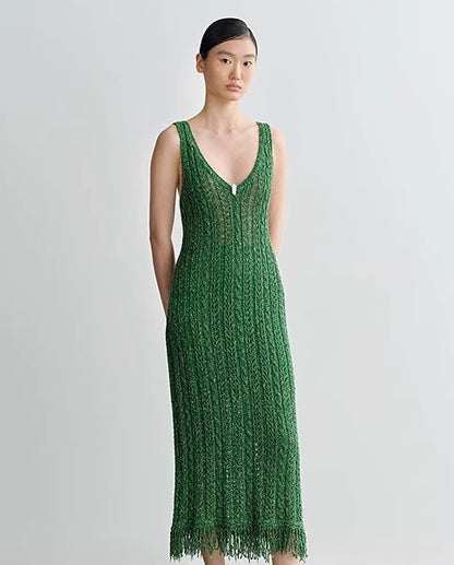 COMME MOI Lv Yan Designer Spring Women's V-Neck Sandwich Color Cutout Knit Dress - NATALIE.