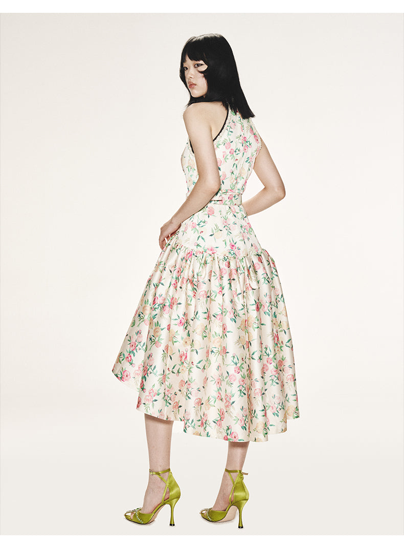 FAME high end luxury Oriental Print Court Stud floral print Dress -Gieu