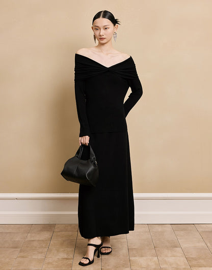 HECO  long-sleeved black red knitwear off-the-shoulder spring - DREAM.