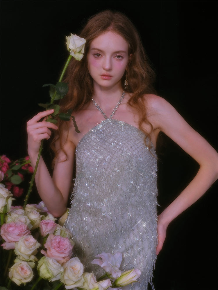 Wardrobes by Chen Elegant Green Halter Tassel cocktail party Dress-Zen