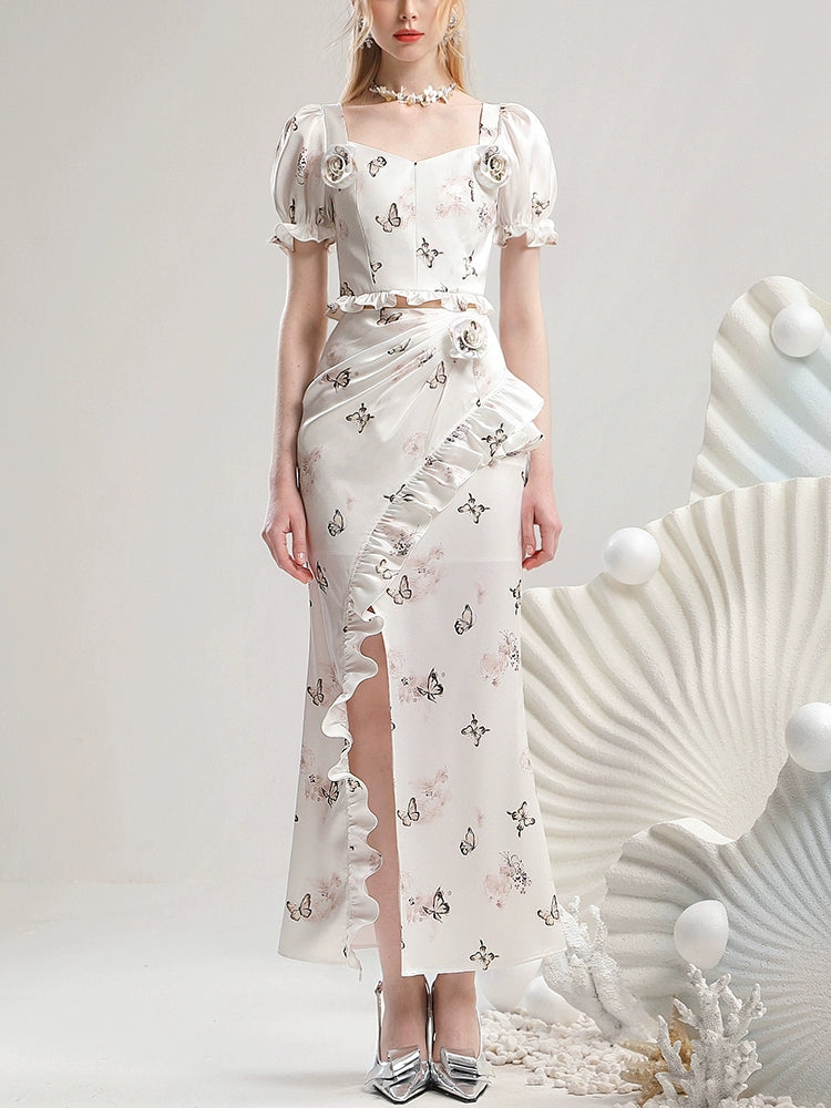 CHECOCRE Three-dimensional Flower White Printed Short Sleeve Suit Dress - GRAYSON.