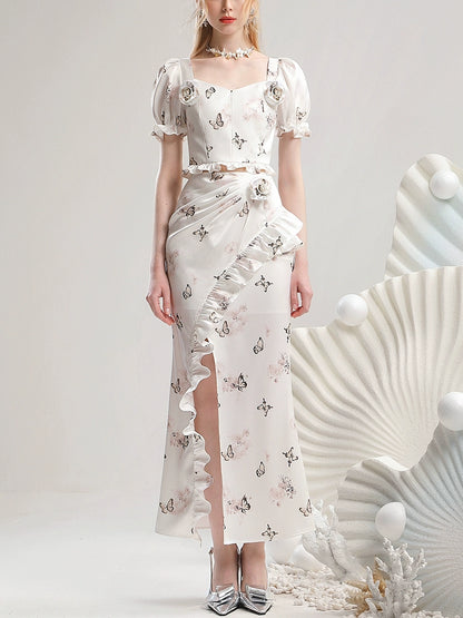 CHECOCRE Three-dimensional Flower White Printed Short Sleeve Suit Dress - GRAYSON.
