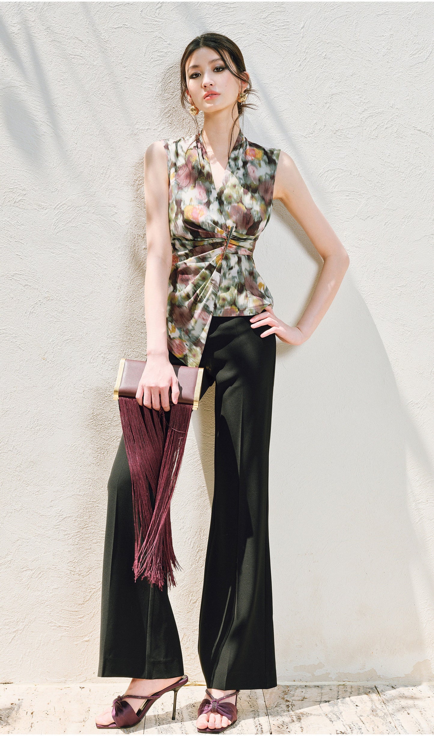 WANGXO | Innovative Weaving Texture Overlapping V-Neck Sleeveless Top -KEIA