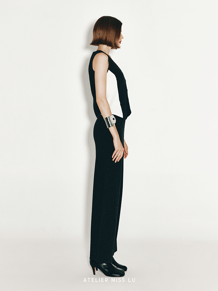 ATELIER MISS LU Geometric Contrasting Cashmere and Wool Blend Vest - IVY