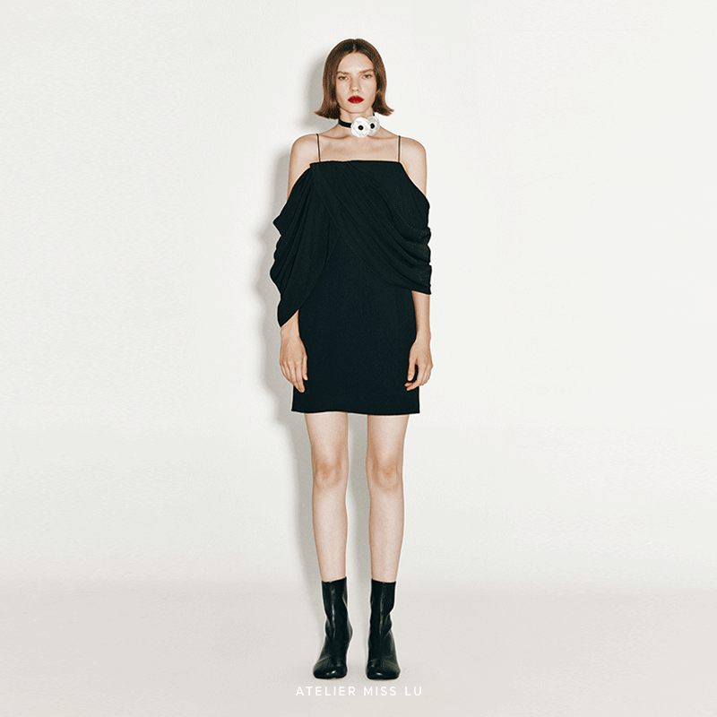 ATELIER MISS LU Irregular Draped Off-the-Shoulder Slip Dress - ABRAHAM
