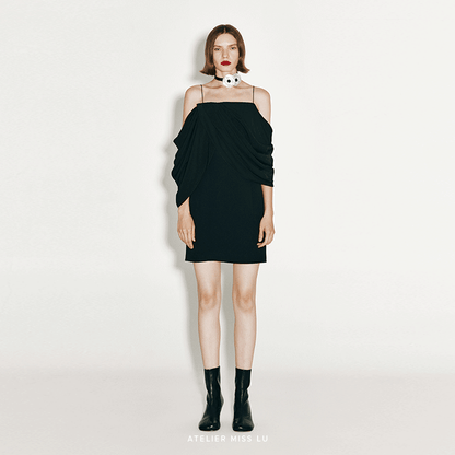 ATELIER MISS LU Irregular Draped Off-the-Shoulder Slip Dress - ABRAHAM