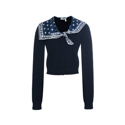 FAME Beaded Printed Silk Scarf Shawl Knitted Cardigan Top - BRONSON