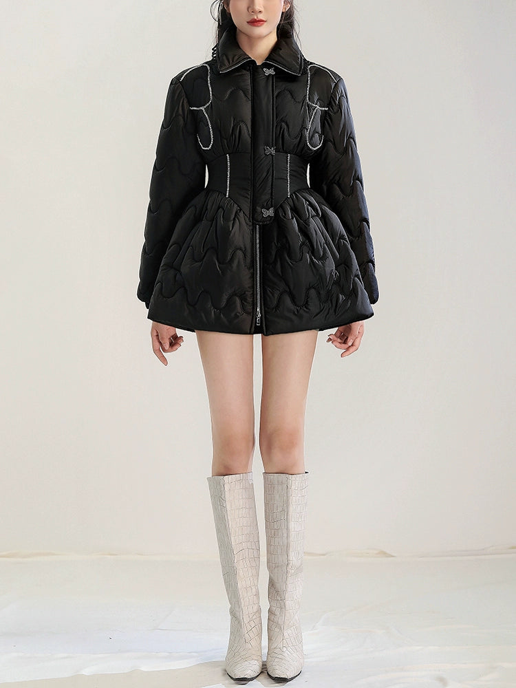 CHECOCRE Elegant Black Diamond Chain Design Waist Slim Warm Puffer Jacket  Dress- SCANDLAR