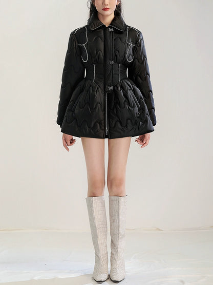CHECOCRE Elegant Black Diamond Chain Design Waist Slim Warm Puffer Jacket  Dress- SCANDLAR