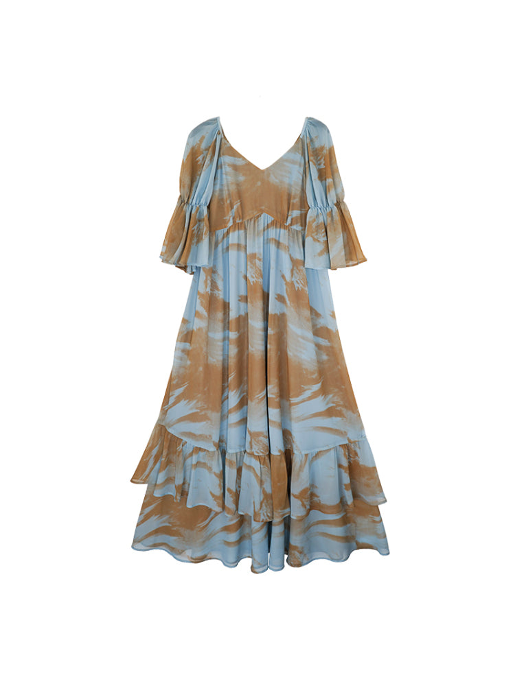 HECO Chinese V-neck wavy sleeve summer big resort dress - AMAZE .