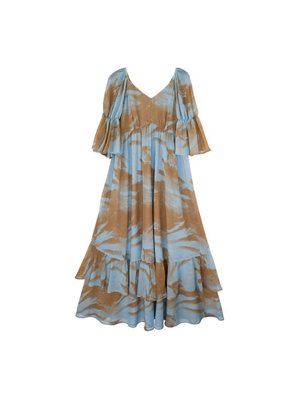 HECO Chinese V-neck wavy sleeve summer big resort dress - AMAZE .