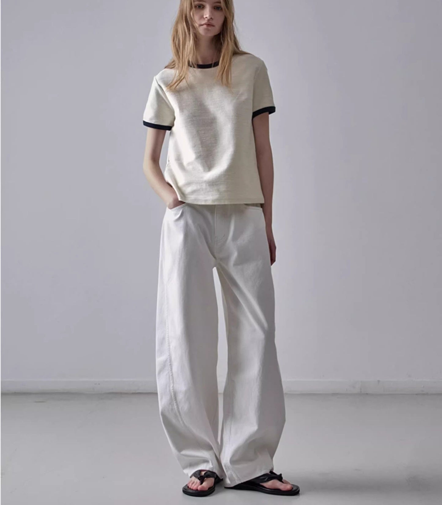 NOTHING WRITTEN facade pattern white jeans high waist commuter straight pants -LILY.
