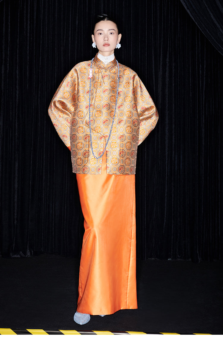 M essential Mackay designer halo stand-up collar jacket orange skirt suit  - Guaida.