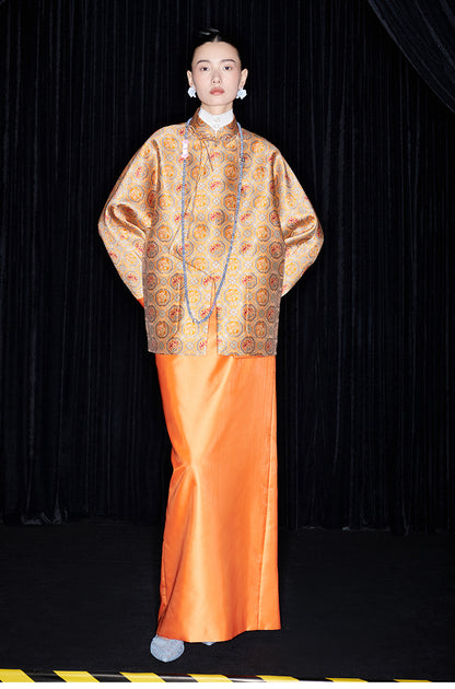 M essential Mackay designer halo stand-up collar jacket orange skirt suit  - Guaida.