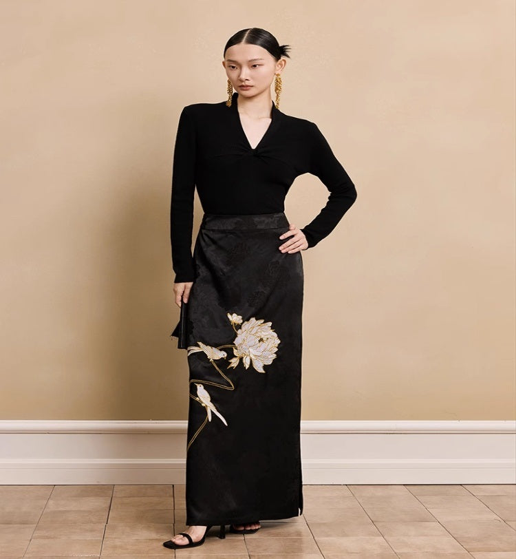 HECO Acetate Peony Jacquard Embroidery Side Slit Maxi Skirt  - SMART.