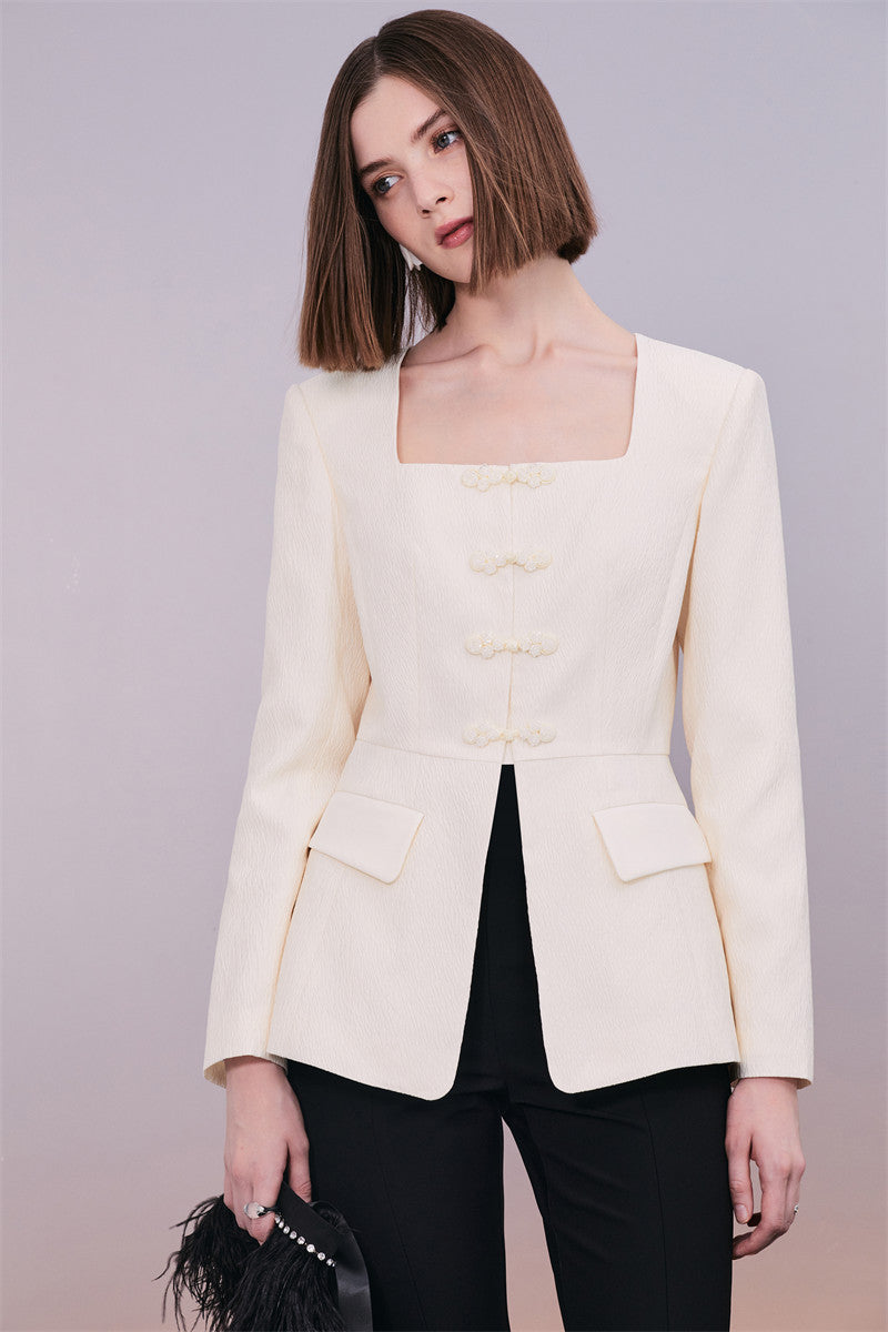 PURITY Elegant white jacquard square collar buckle blazer pant suit set- Jacquline