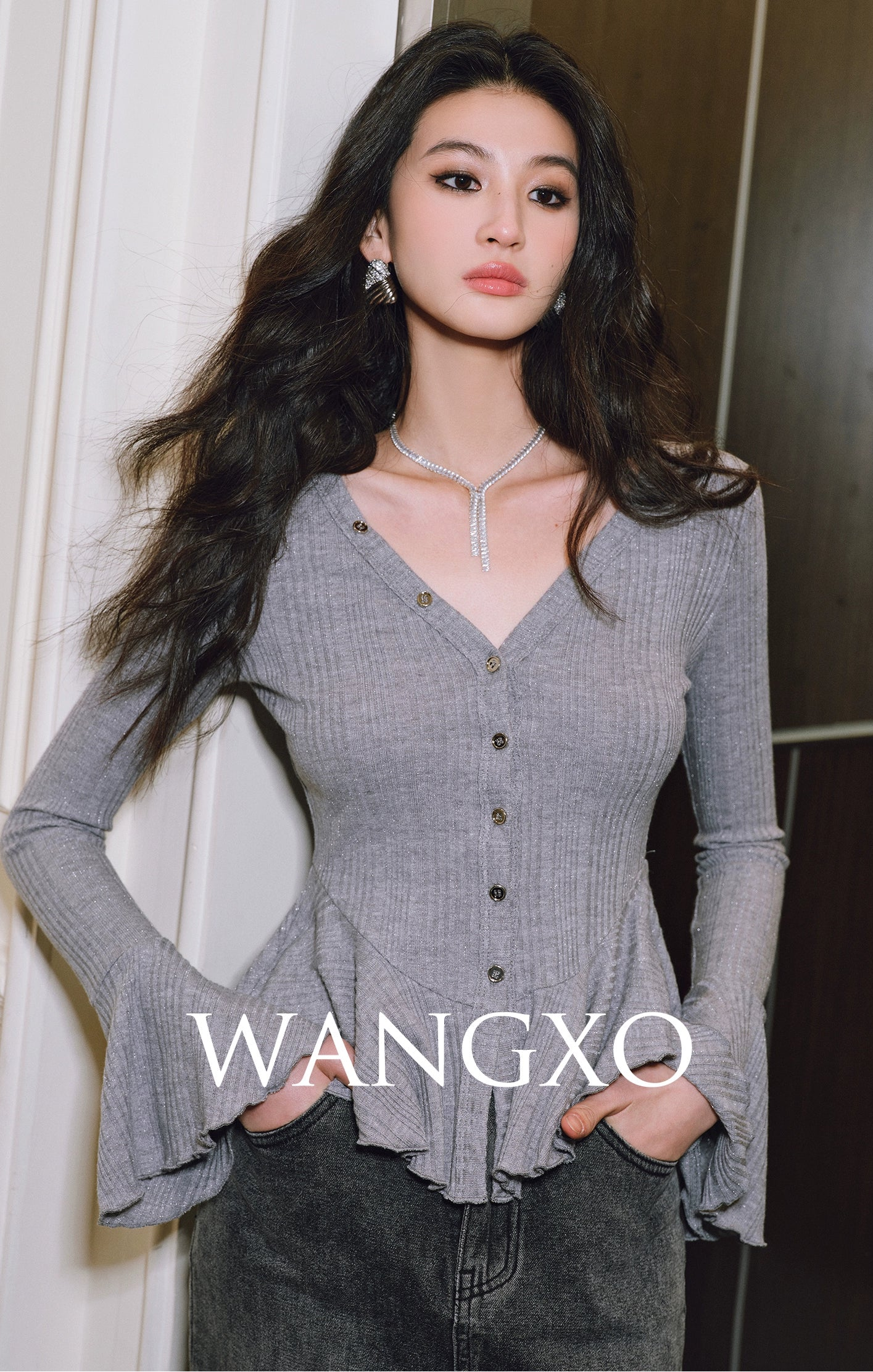 WANGXO | Bright Silk Knit V-Neck Waist Ruffle Top -SÁYA.