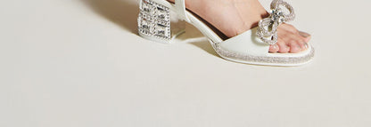 SHOESZOOO Straight Line Rhinestone Thick Heeled Sandals with Bow - GRIT.