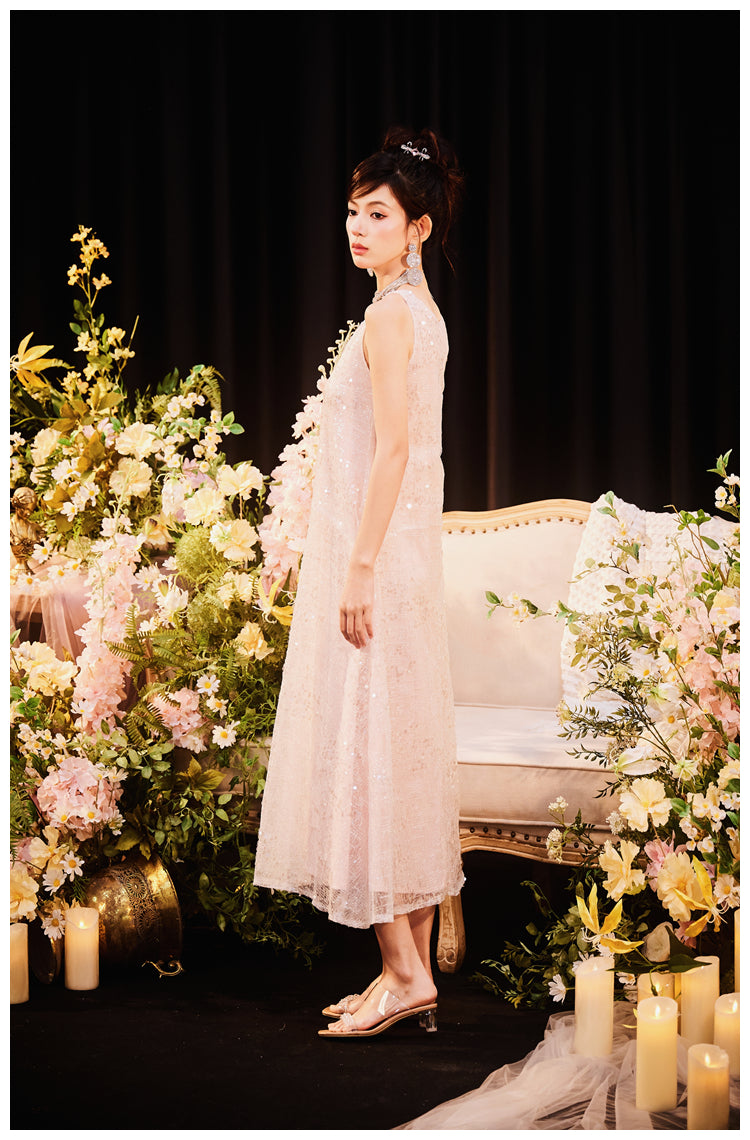 DOLLY Luxury U-Neck Sleeveless Fake Two Piece Midi Swing Dress-KASSIA