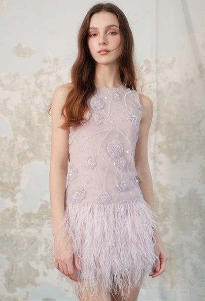 Wardrobes by Chen Purple Round Neck Sleeveless Dinner Feather Dress-Xera