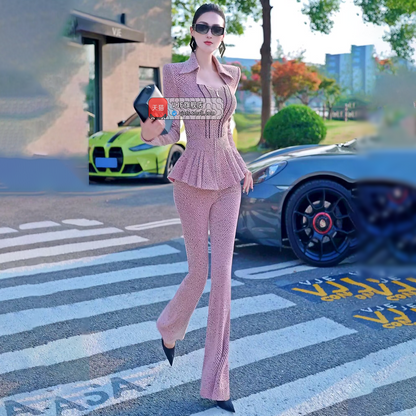 VJE  Thick Suit OL Top High-Waisted Micro Flared Pants Two-Piece Set-DANA.