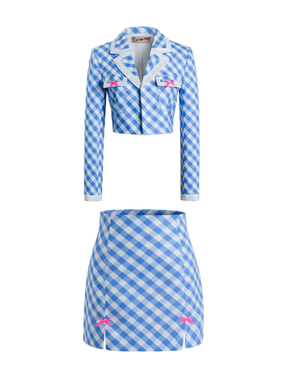 Le Palais  Blue Plaid Small Fragrance Thin Short Coat + Short Skirt- Yuno