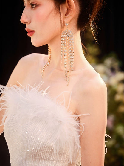 DOLLY White Feather Tube Top Sequin Slim Fit Long Dress-STEPH